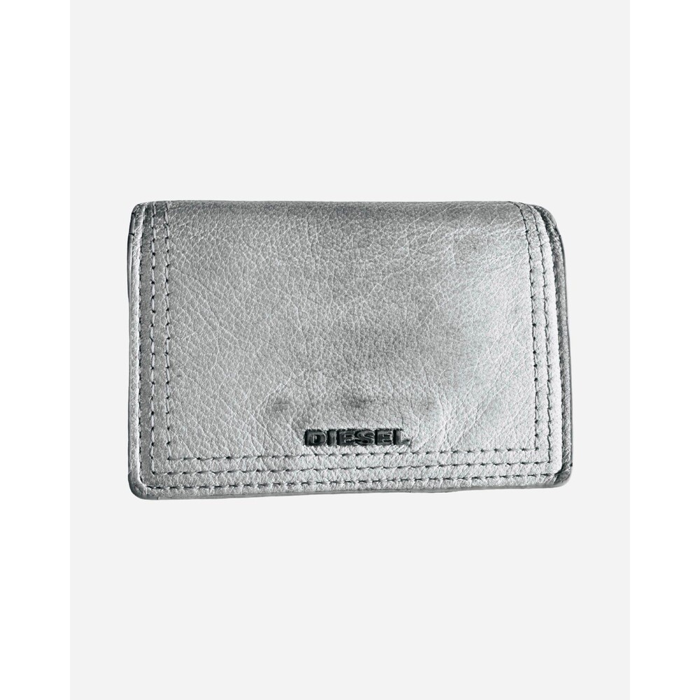 DIESEL Metallic Silver Leather Trifold Compact Wallet